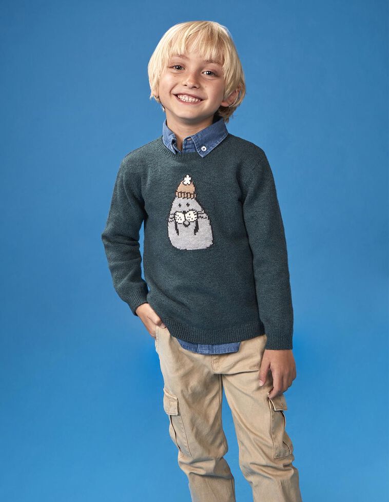 Camisola com desenho de pinguim em verde-petróleo