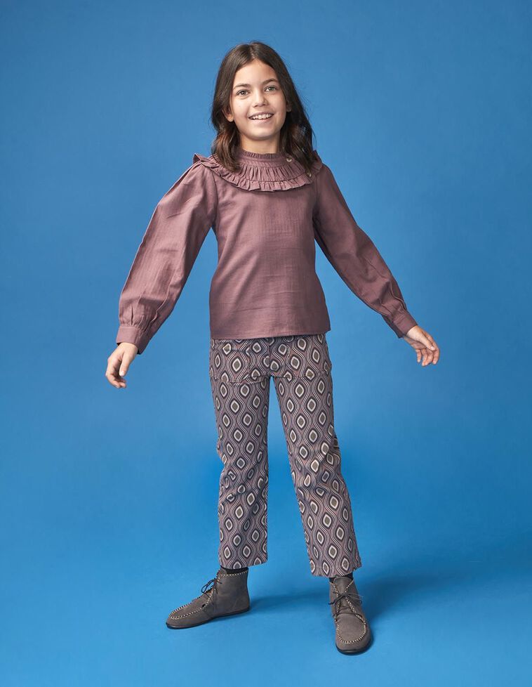 Calças de sarja estampadas roxas