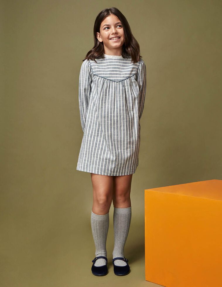 Vestido manga comprida às riscas verde-petróleo