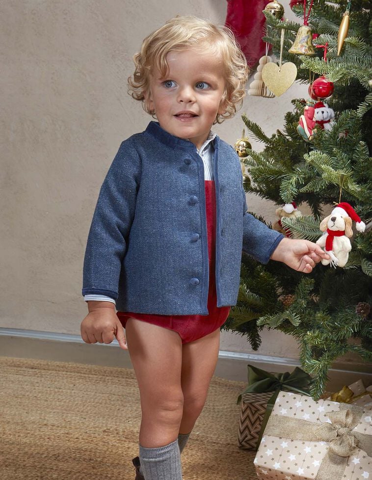 Casaco estilo austríaco em espiga com lã azul