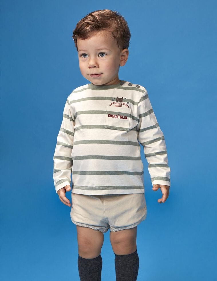 T-shirt às riscas com estampado urso verde