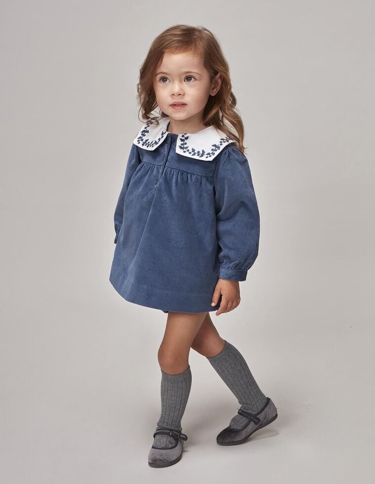 Vestido com gola bordada azul