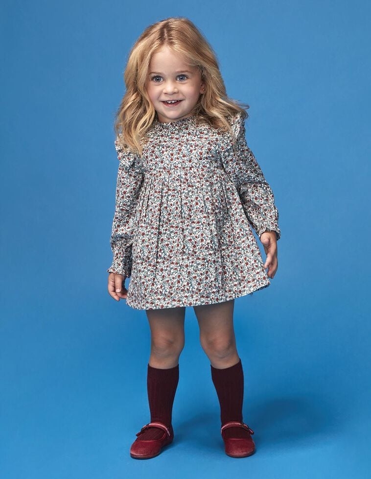 Vestido estampado com flores e folhos azul claro